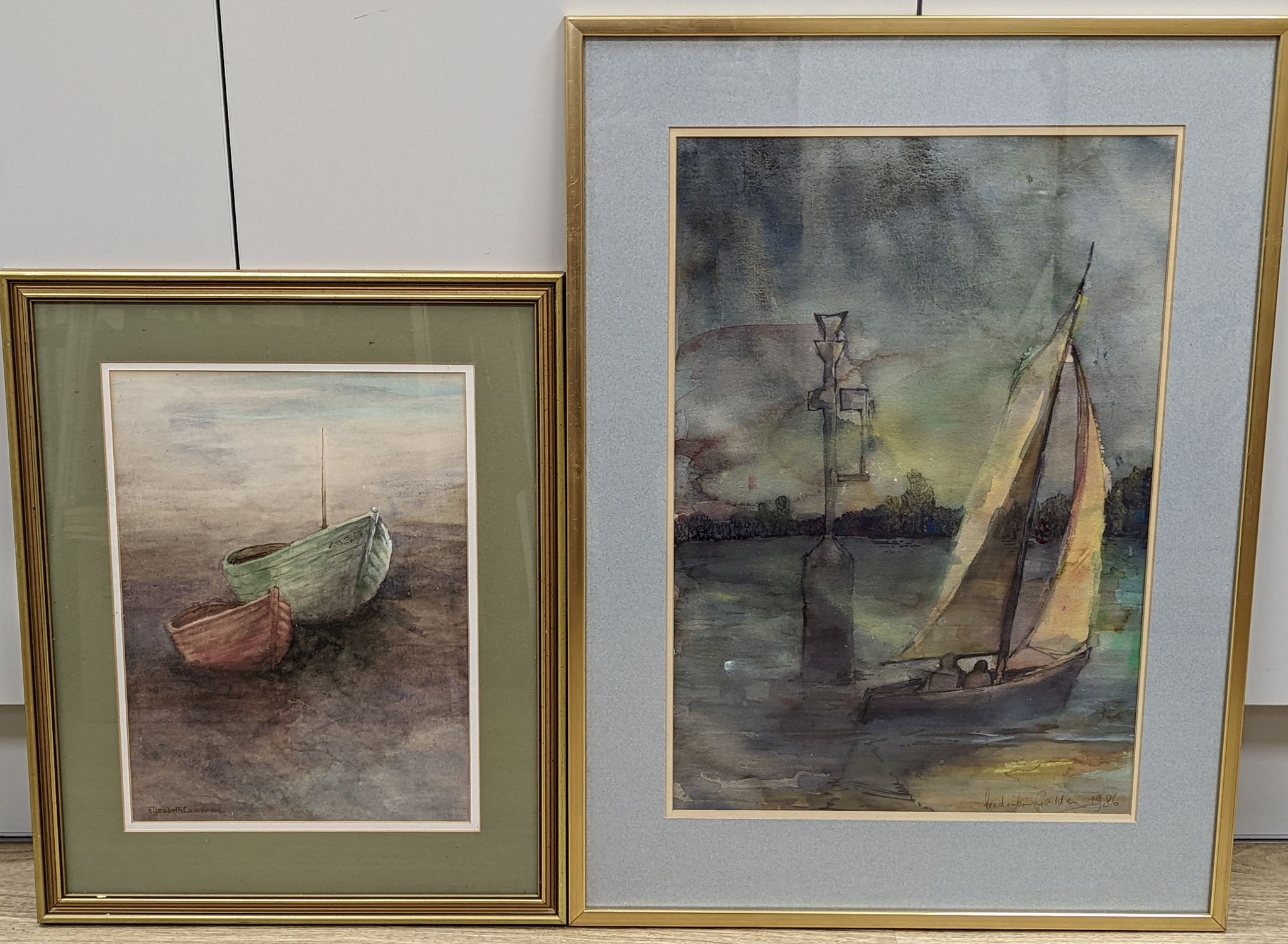 Frederick Galden, watercolour, Sailing dingy on an estuary, signed and dated 1986, 52 , x 35cm and an Elizabeth Cameron watercolour of fhisng boats, 35 x 26cm